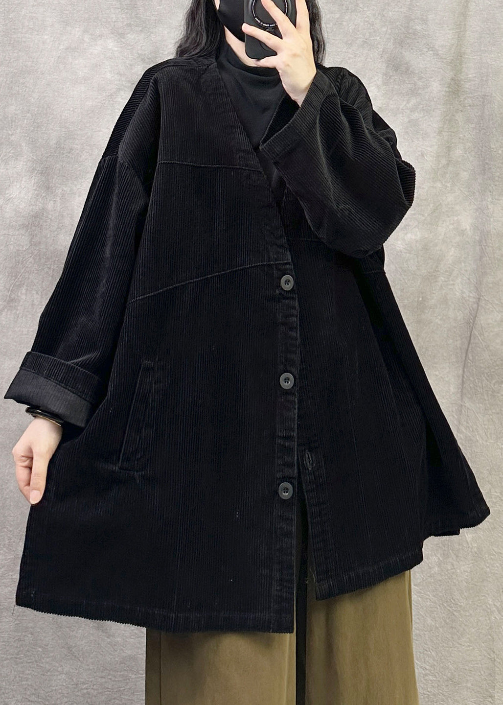 Women Coffee V Neck Pockets Button Patchwork Corduroy Coat Fall