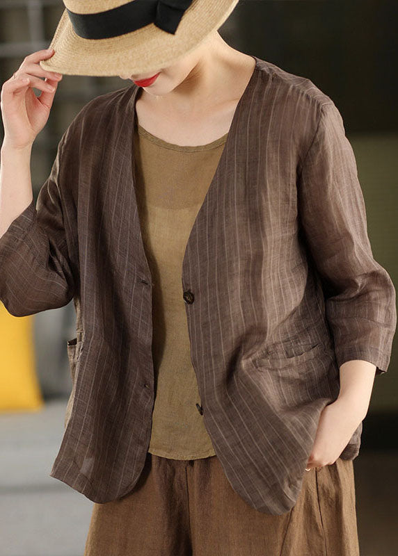 Women Coffee V Neck Pockets Striped Linen Jacket Summer