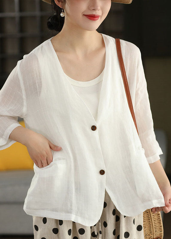 Women Coffee V Neck Pockets Striped Linen Jacket Summer