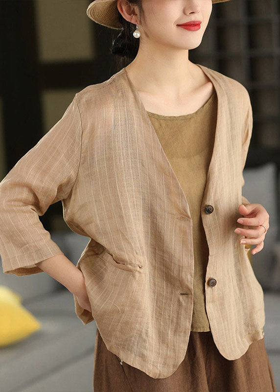 Women Coffee V Neck Pockets Striped Linen Jacket Summer
