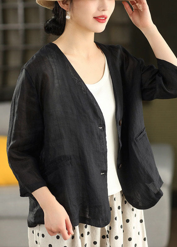 Women Coffee V Neck Pockets Striped Linen Jacket Summer