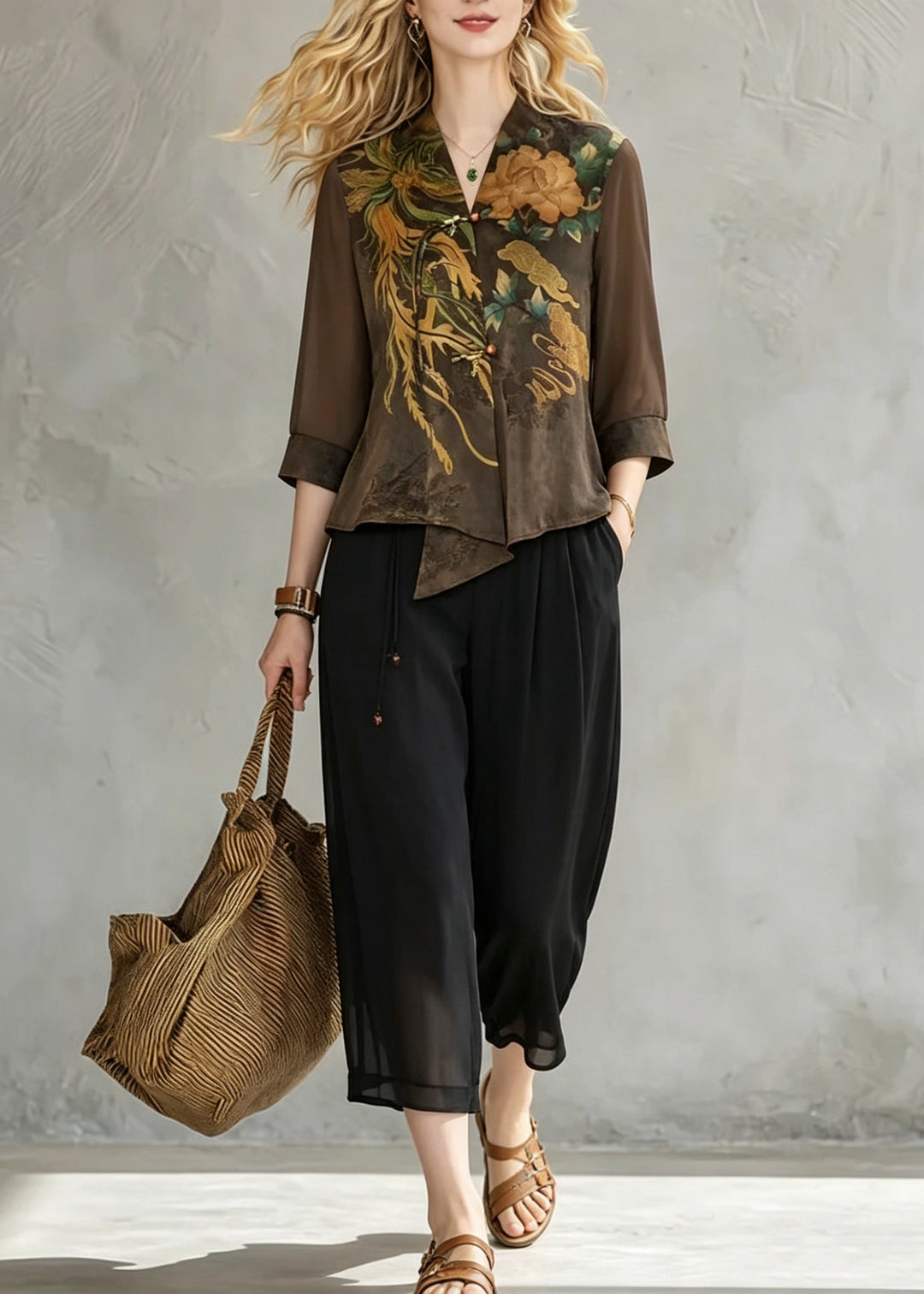 Women Coffee V Neck Print Chiffon Tops And Crop Pants Fall