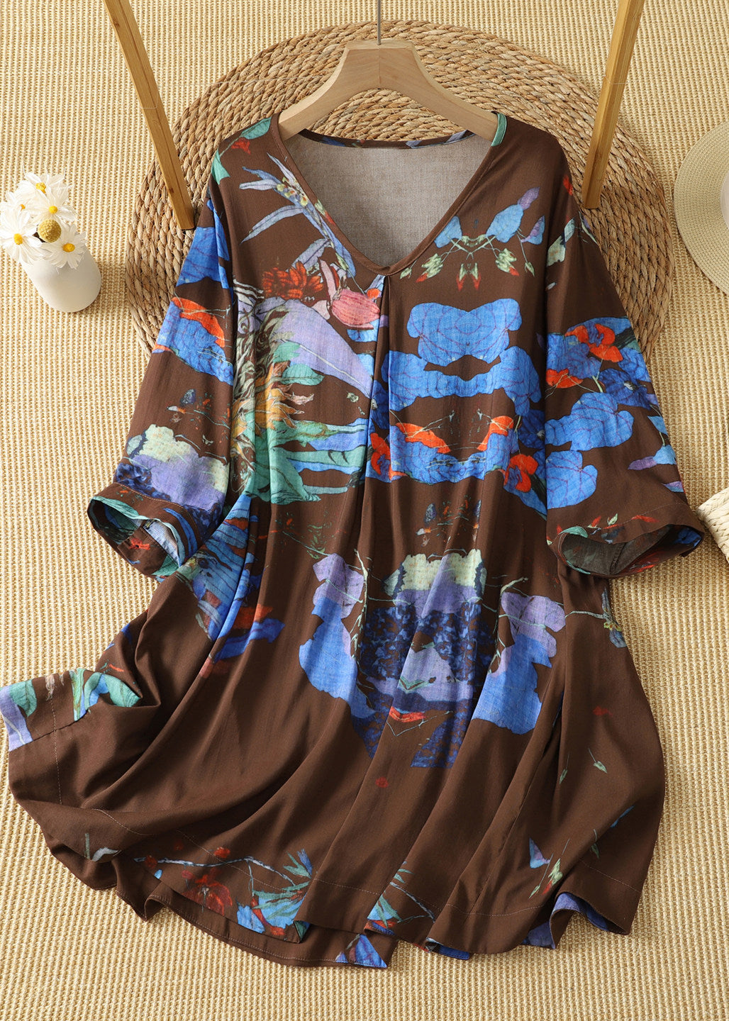 Women Coffee V Neck Print Cotton T Shirt Tops Summer