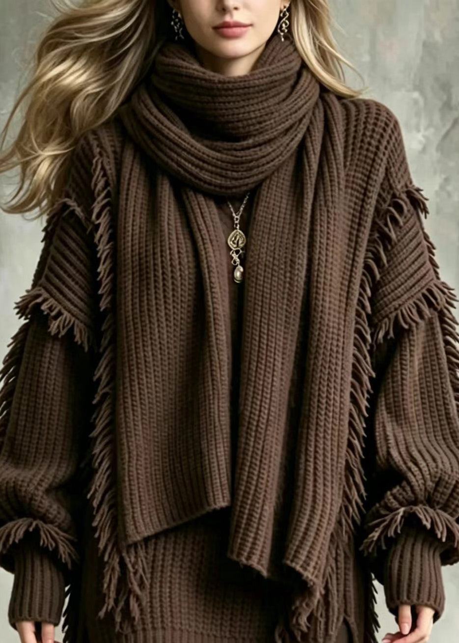 Women Coffee V Neck Tassel Knit Sweater And Scarf Two Pieces Set Fall