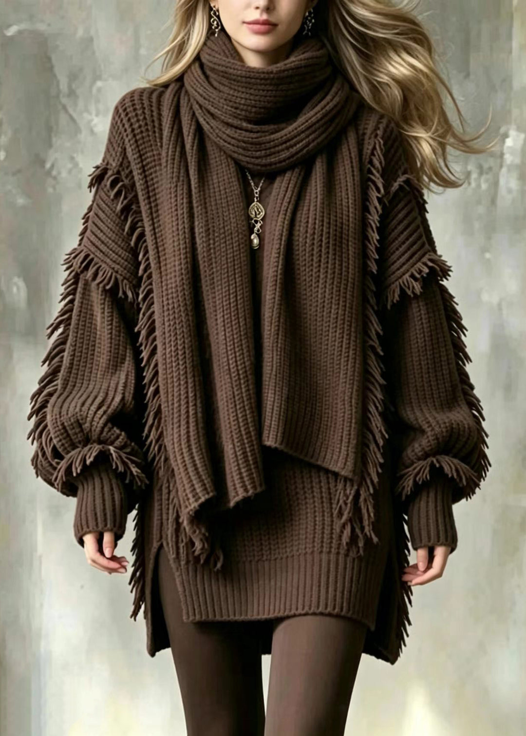 Women Coffee V Neck Tassel Knit Sweater And Scarf Two Pieces Set Fall