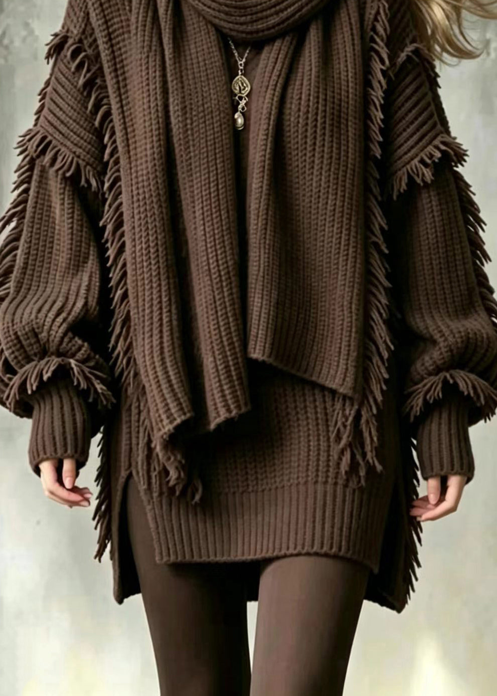 Women Coffee V Neck Tassel Knit Sweater And Scarf Two Pieces Set Fall