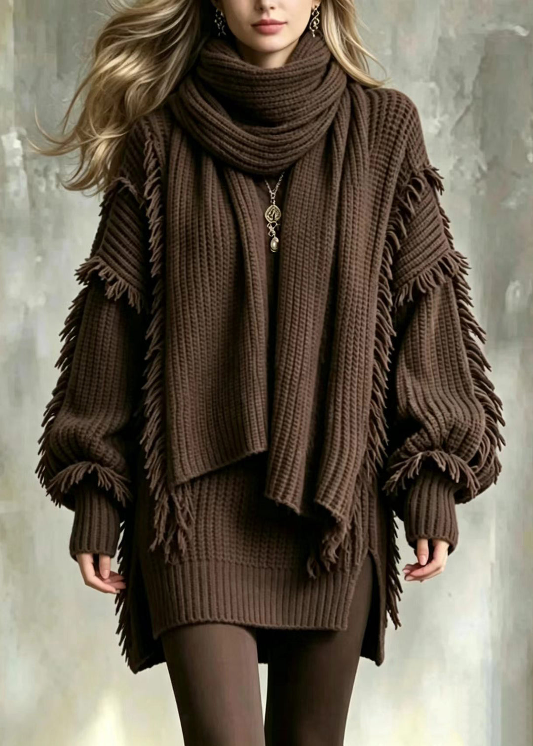 Women Coffee V Neck Tassel Knit Sweater And Scarf Two Pieces Set Fall