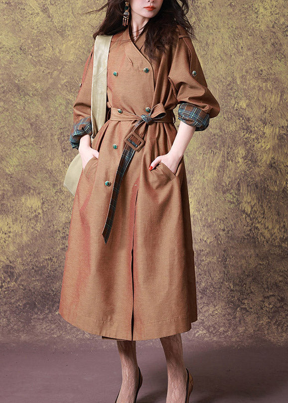 Women Coffee V Neck Tie Waist Long Trench Coat Fall