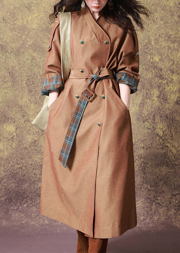 Women Coffee V Neck Tie Waist Long Trench Coat Fall