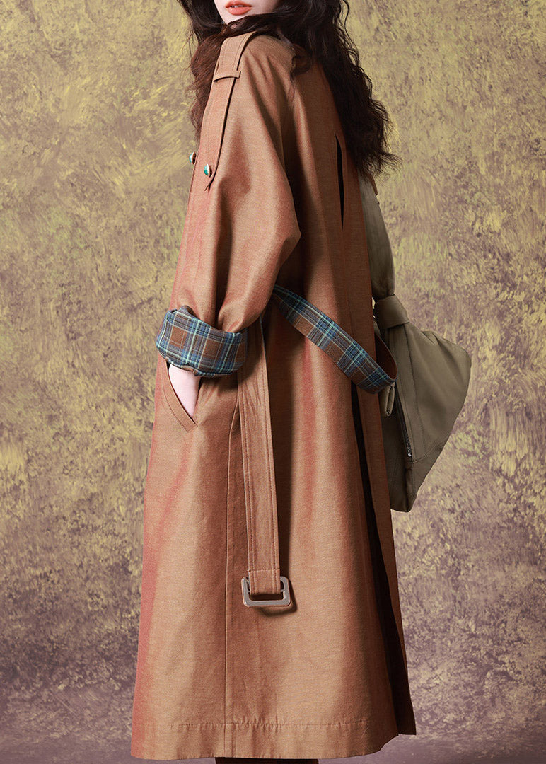 Women Coffee V Neck Tie Waist Long Trench Coat Fall