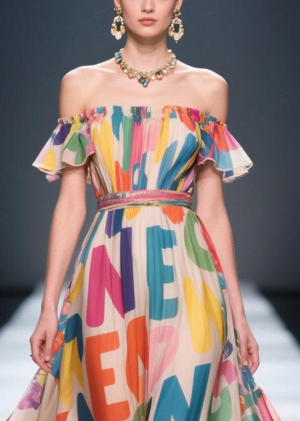 Women Cold Shoulder Letter Print Chiffon Beach Dresses Summer