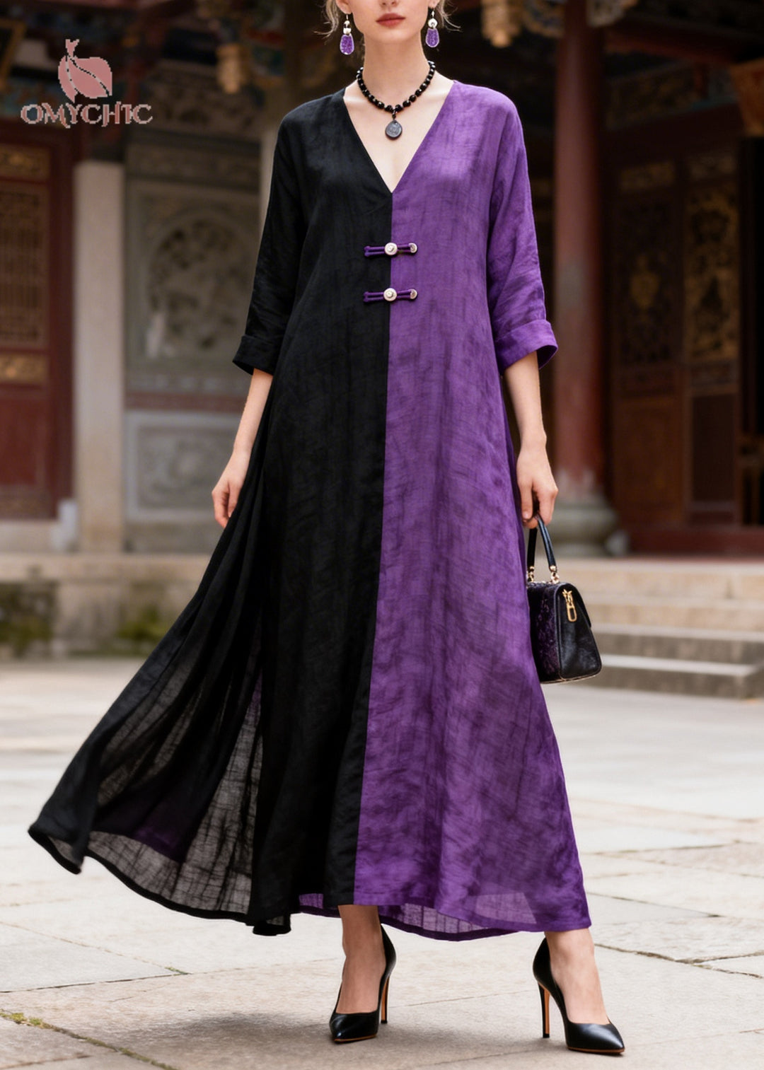 Women Colorblock Asymmetrical Patchwork Chinese Button Cotton A Line Dress Summer