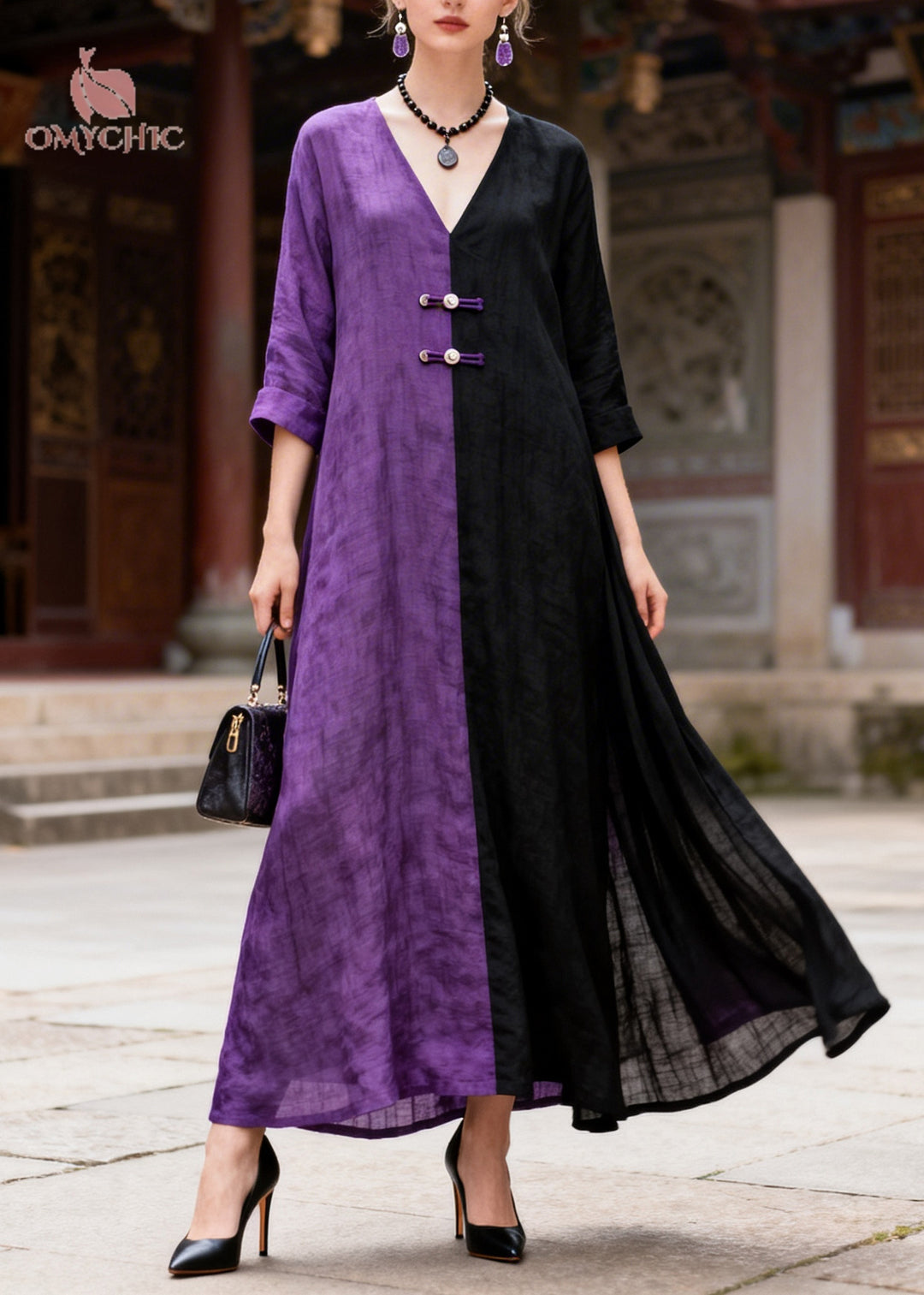 Women Colorblock Asymmetrical Patchwork Chinese Button Cotton A Line Dress Summer