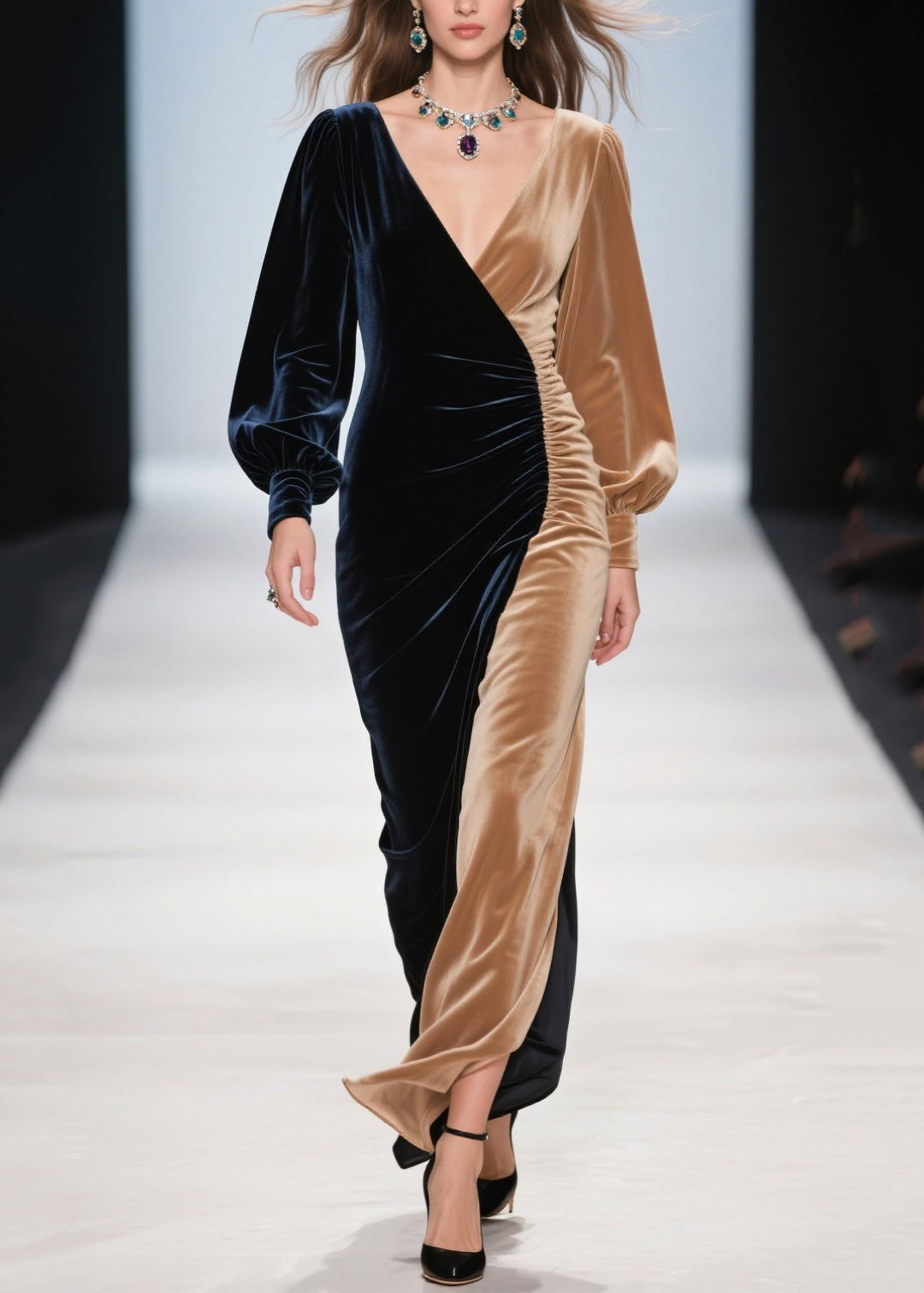 Women Colorblock Asymmetrical Patchwork Silk Velvet Dinner Dress Spring