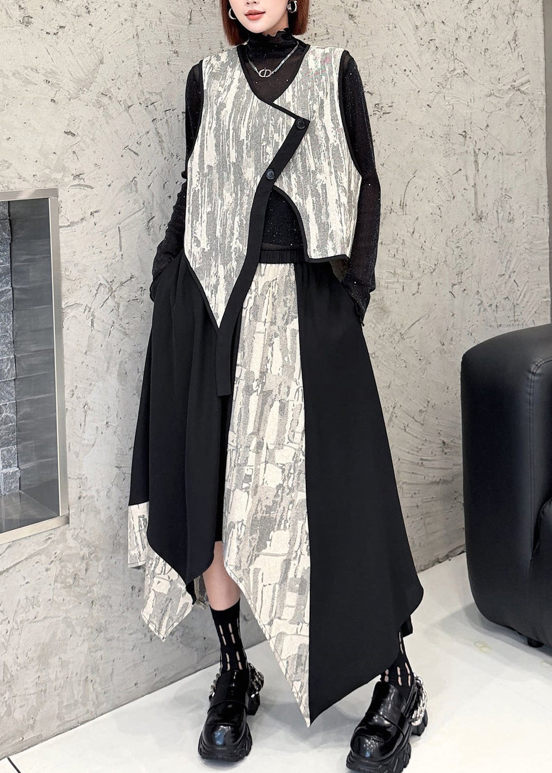 Women Colorblock Asymmetrical Patchwork Waistcoat And Skirts Two Pieces Set Fall