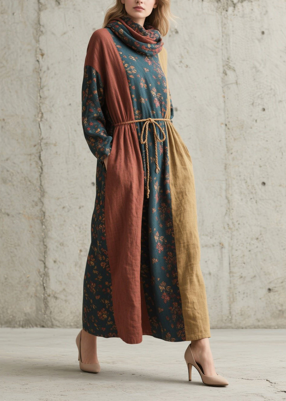 Women Colorblock Cinched Print Cotton Robe Dresses Fall