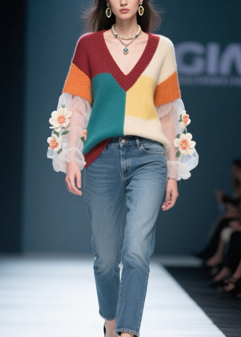 Women Colorblock Floral Tulle Patchwork Knit Sweater Fall
