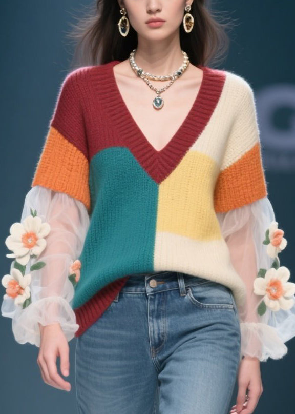 Women Colorblock Floral Tulle Patchwork Knit Sweater Fall