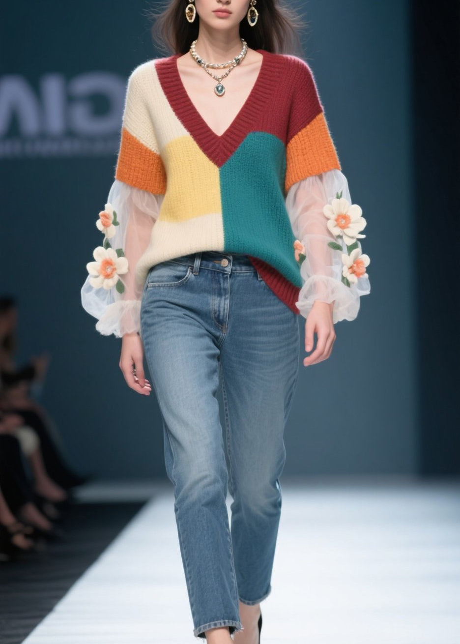 Women Colorblock Floral Tulle Patchwork Knit Sweater Fall