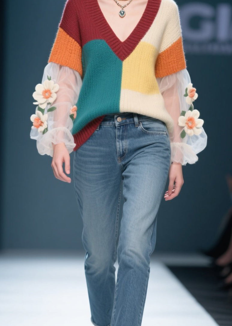 Women Colorblock Floral Tulle Patchwork Knit Sweater Fall