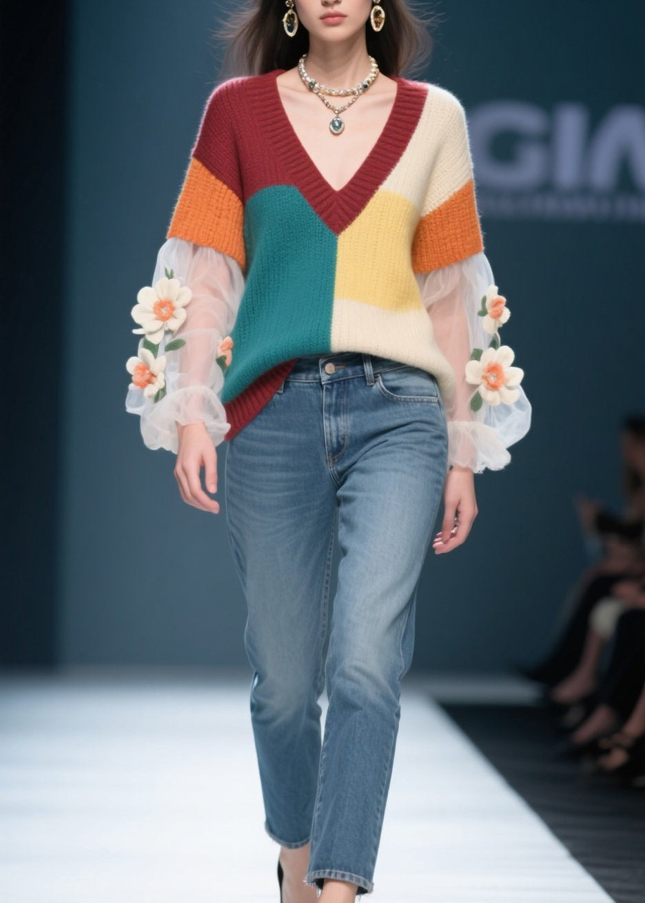 Women Colorblock Floral Tulle Patchwork Knit Sweater Fall