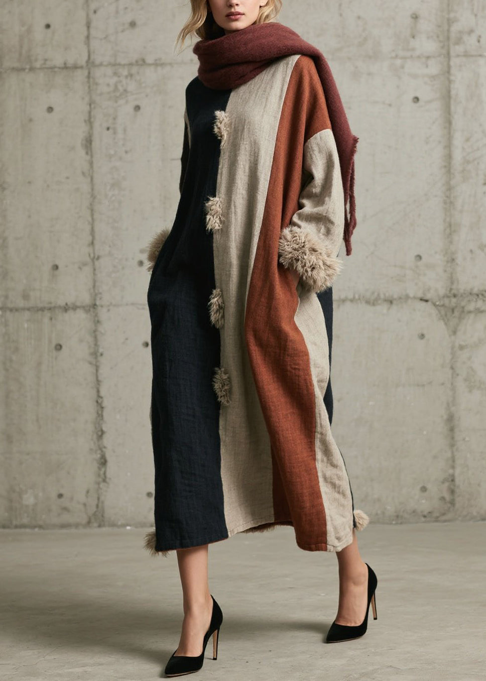 Women Colorblock Fuzzy Fur Fluffy Patchwork Cotton Dress Fall