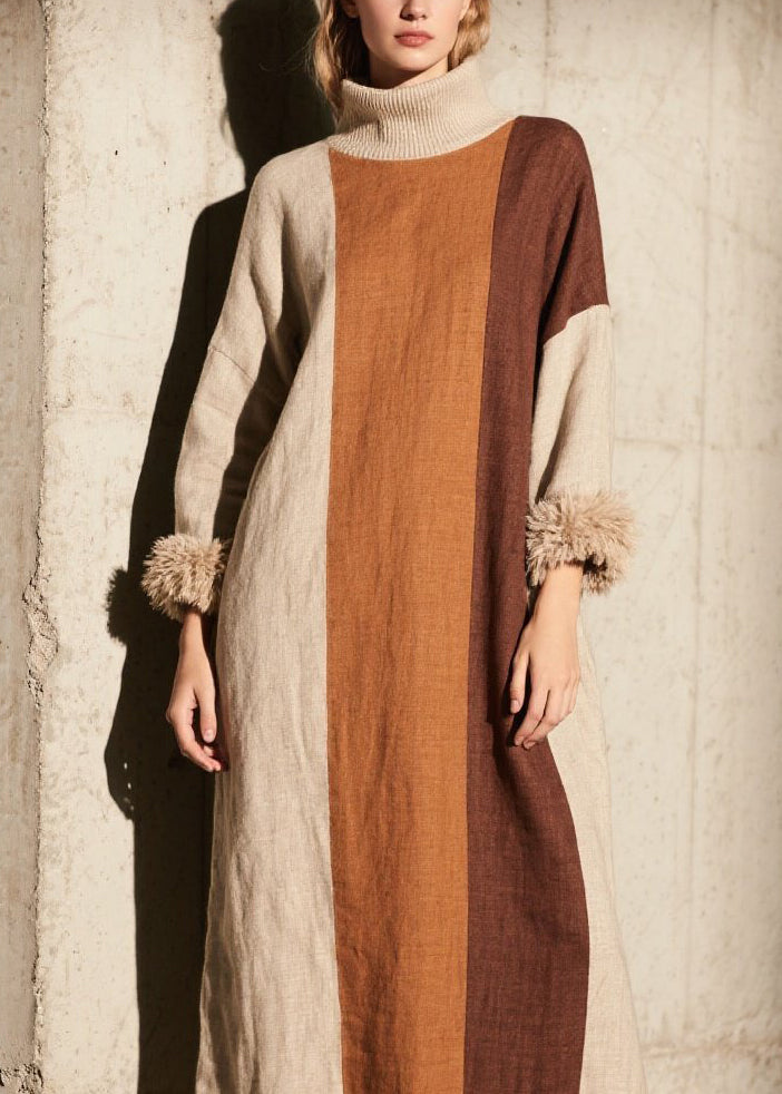 Women Colorblock Hign Neck Patchwork Cotton Dress Fall