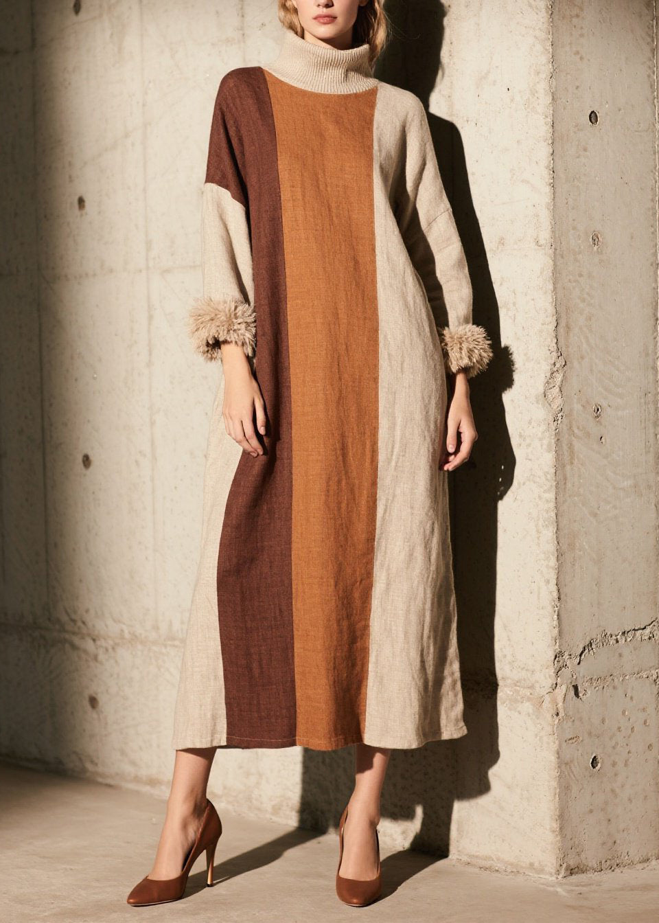 Women Colorblock Hign Neck Patchwork Cotton Dress Fall