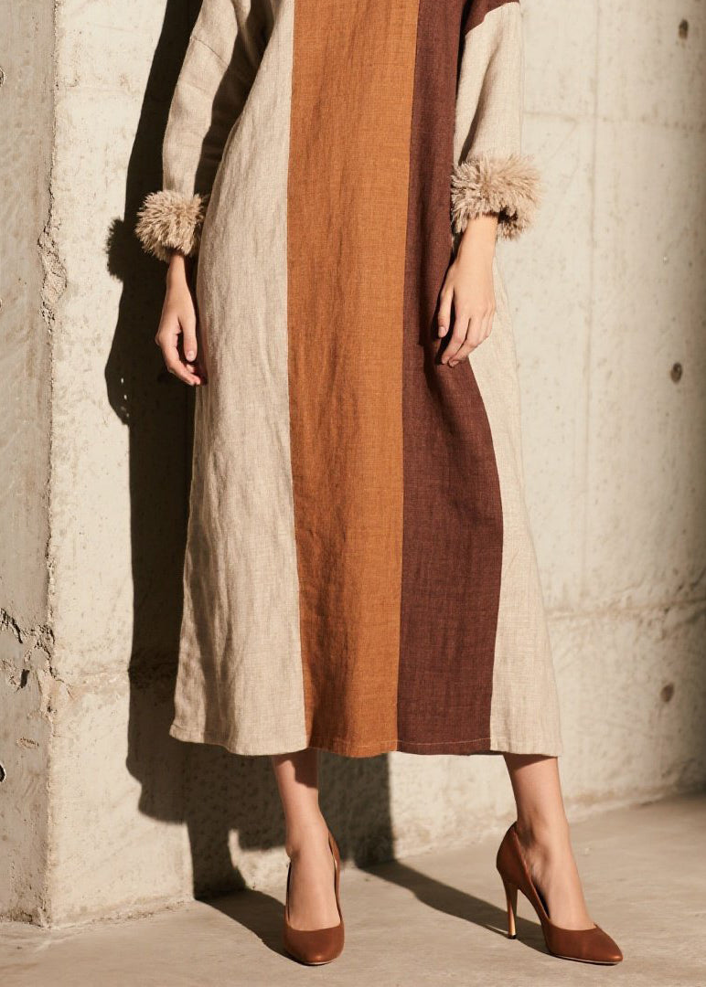 Women Colorblock Hign Neck Patchwork Cotton Dress Fall