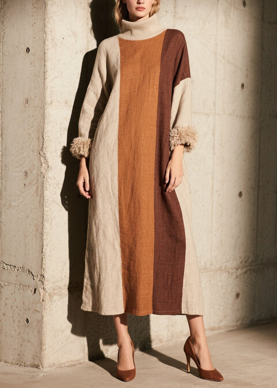 Women Colorblock Hign Neck Patchwork Cotton Dress Fall