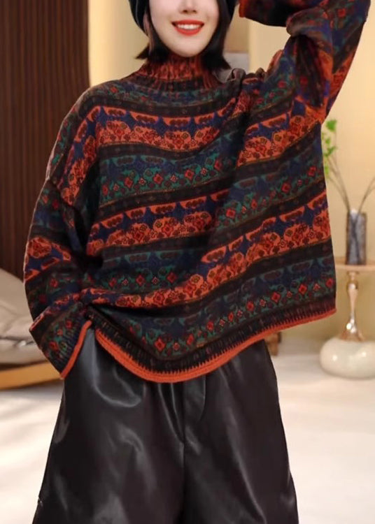 Women Colorblock Hign Neck Striped Knit Pullover Winter