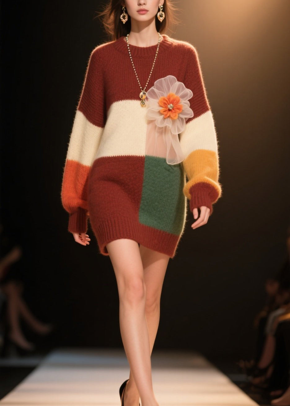 Women Colorblock O Neck Floral Knit Dress Winter