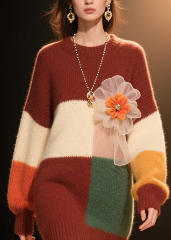 Women Colorblock O Neck Floral Knit Dress Winter