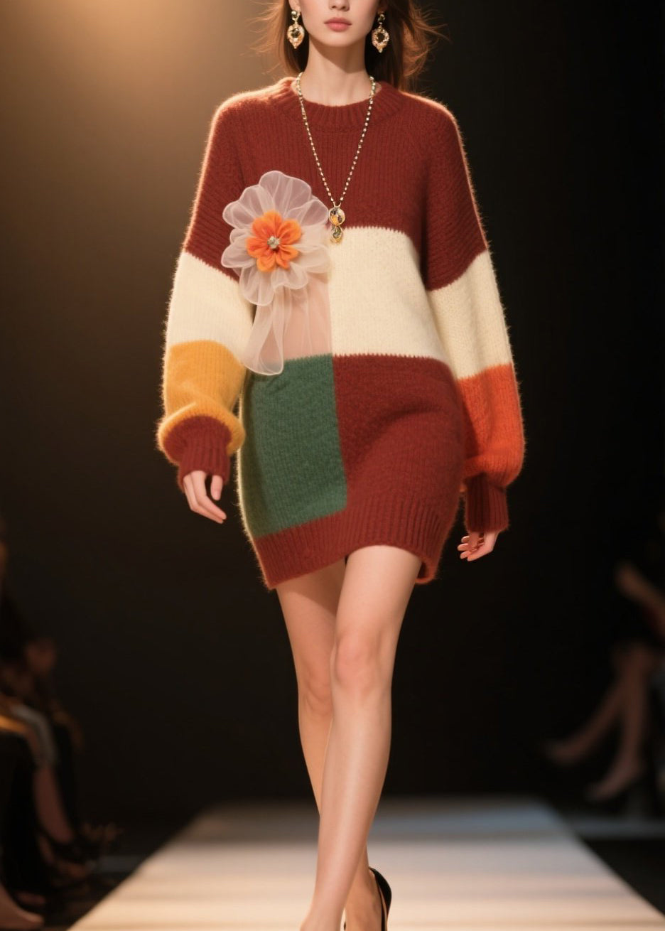 Women Colorblock O Neck Floral Knit Dress Winter