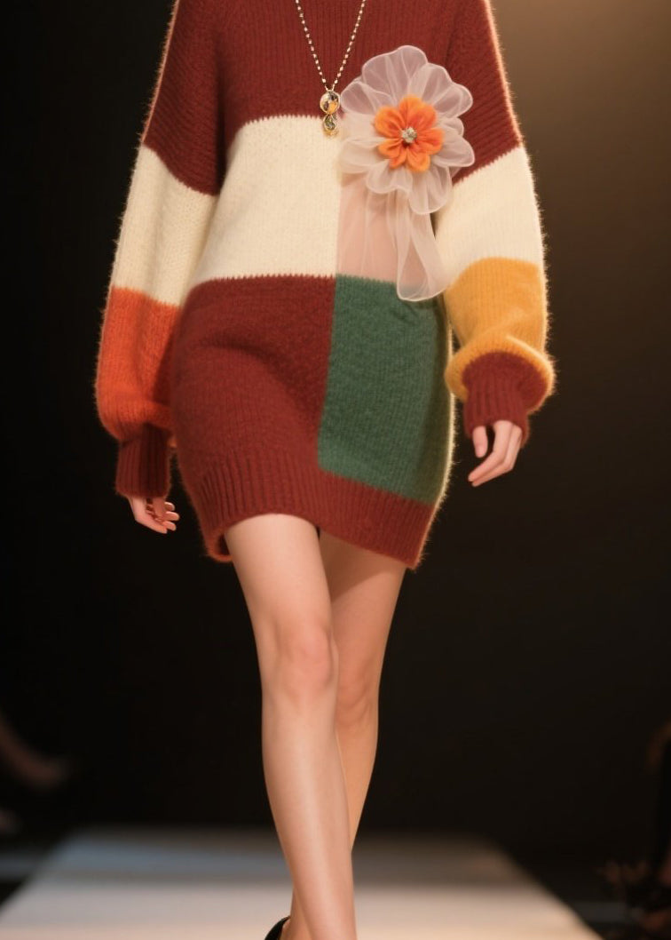 Women Colorblock O Neck Floral Knit Dress Winter