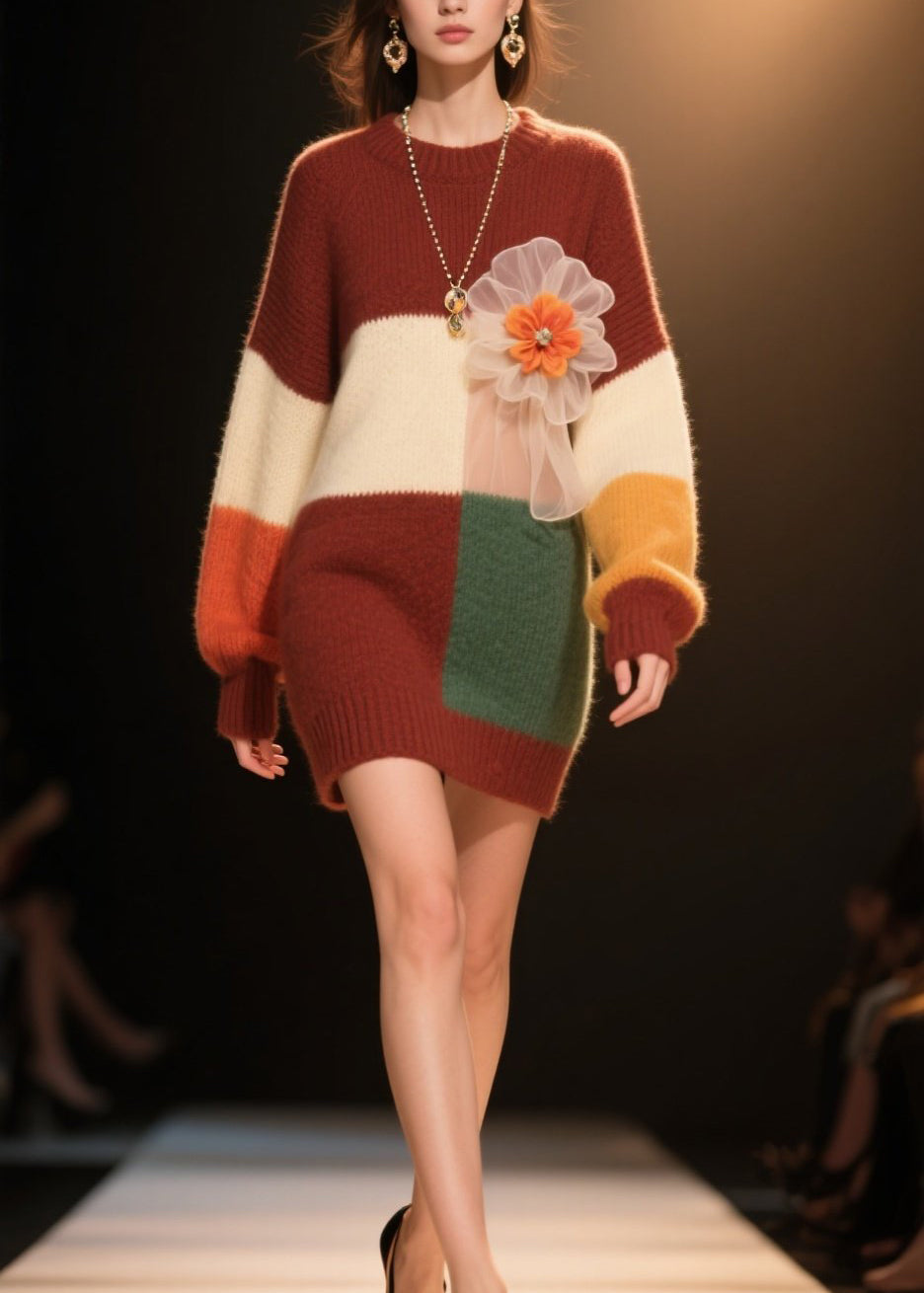 Women Colorblock O Neck Floral Knit Dress Winter