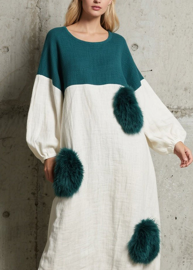 Women Colorblock O Neck Fuzzy Fur Patchwork Cotton Dress Fall