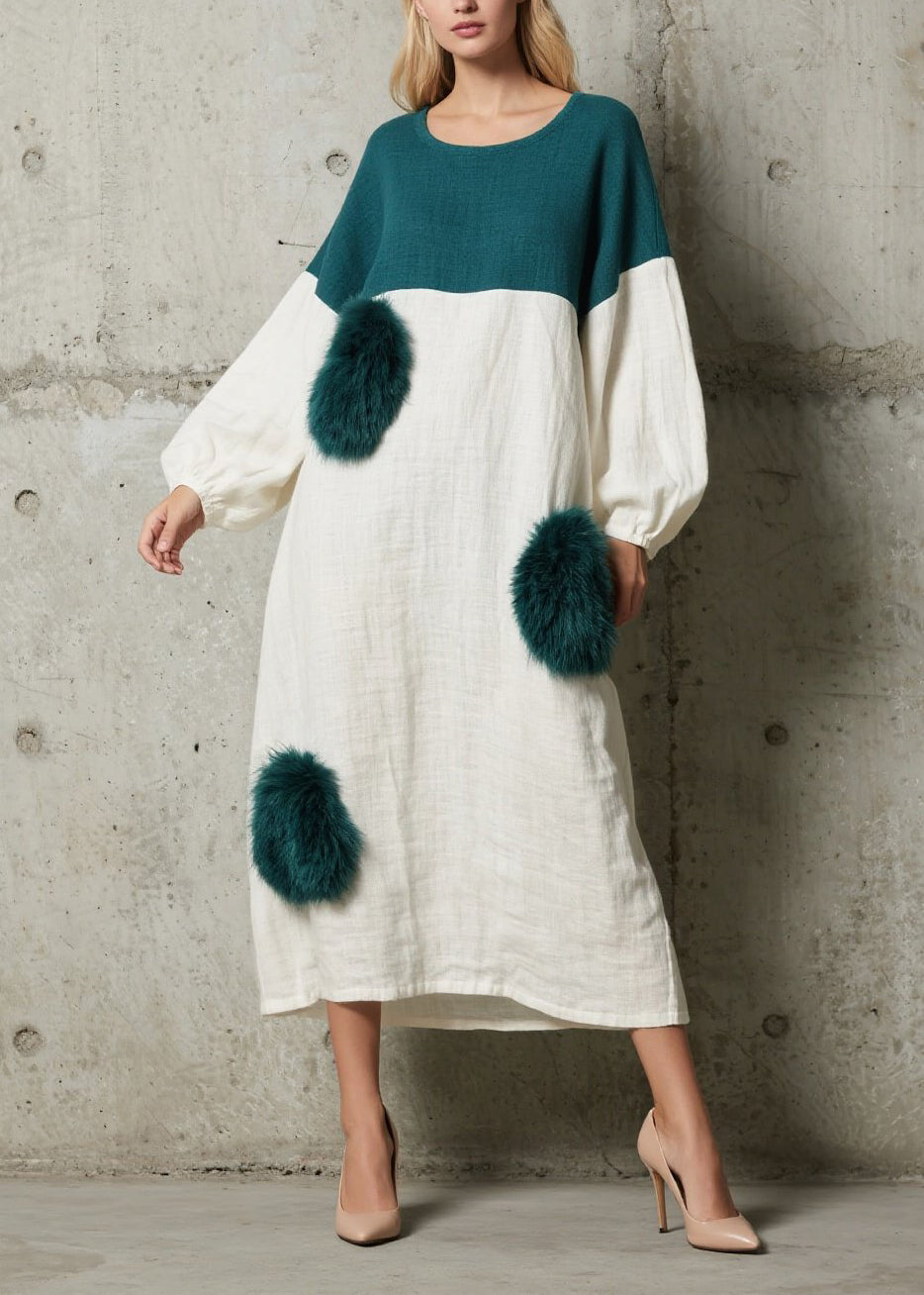 Women Colorblock O Neck Fuzzy Fur Patchwork Cotton Dress Fall