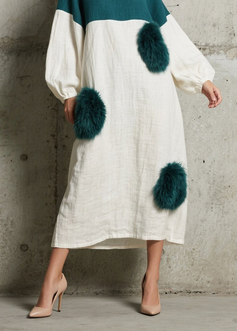 Women Colorblock O Neck Fuzzy Fur Patchwork Cotton Dress Fall