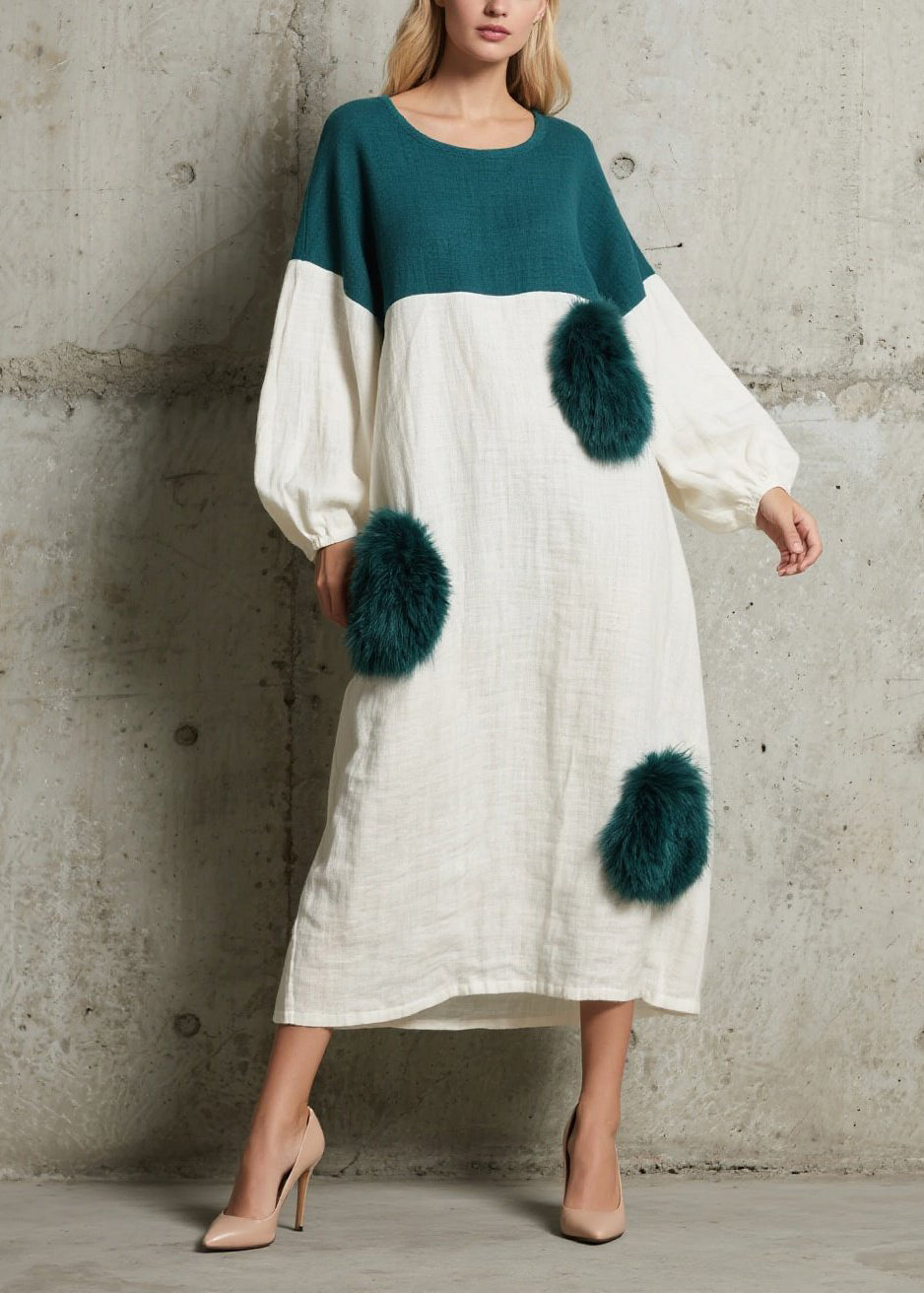 Women Colorblock O Neck Fuzzy Fur Patchwork Cotton Dress Fall