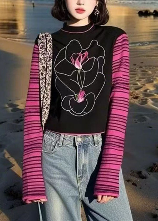 Women Colorblock O Neck Patchwork Cotton T Shirts Fall