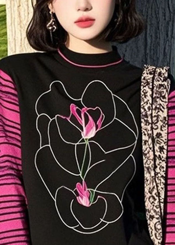 Women Colorblock O Neck Patchwork Cotton T Shirts Fall