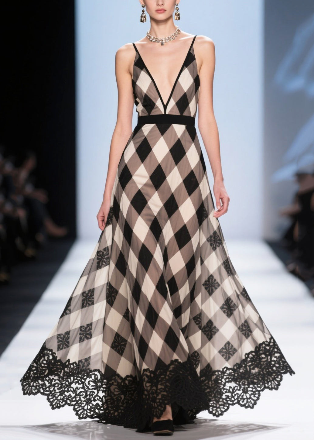 Women Colorblock Plaid Patchwork Lace Chiffon Evening Dress Summer