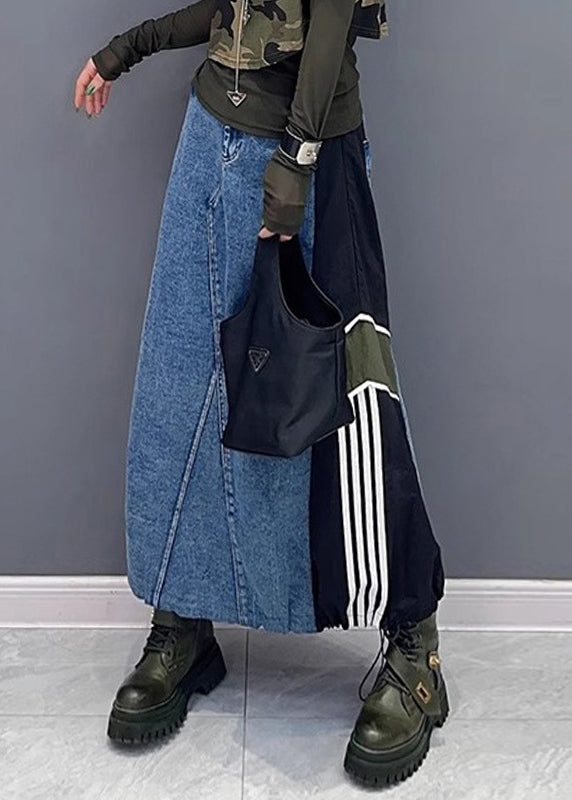 Women Colorblock Pockets Patchwork Drawstring Denim Skirt Summer