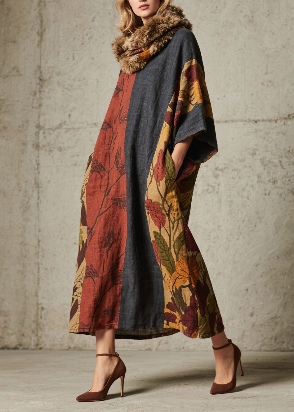 Women Colorblock Print Pockets Cotton Long Dress Fall