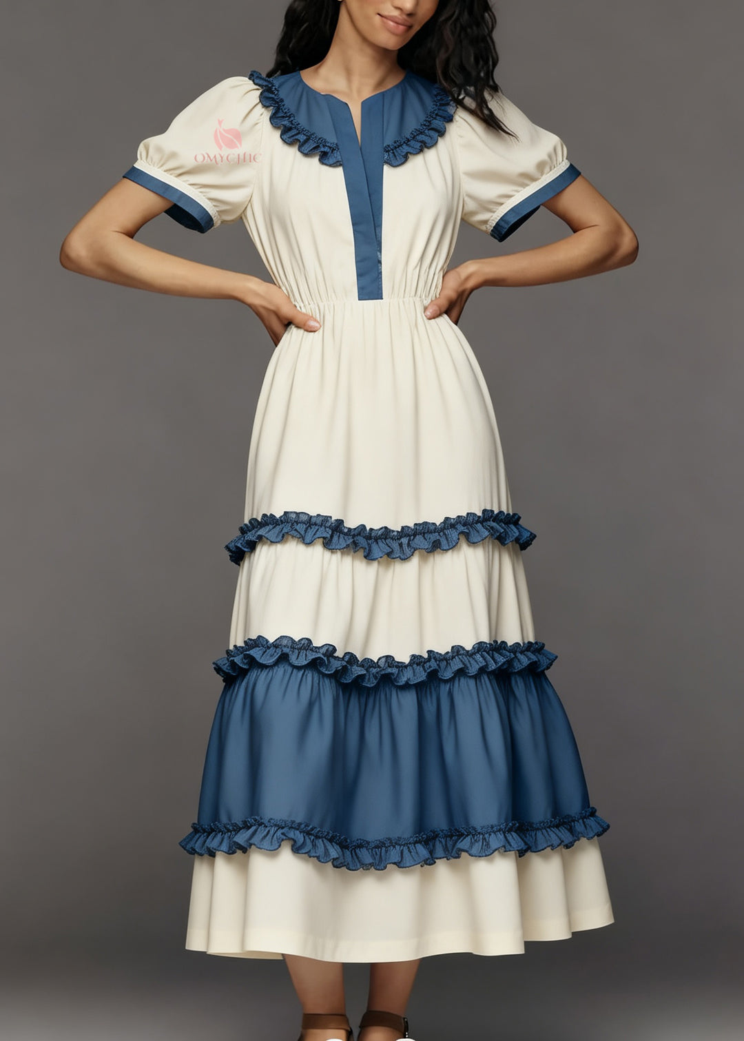 Women Colorblock Ruffled Patchwork Cotton Maxi Dress Summer