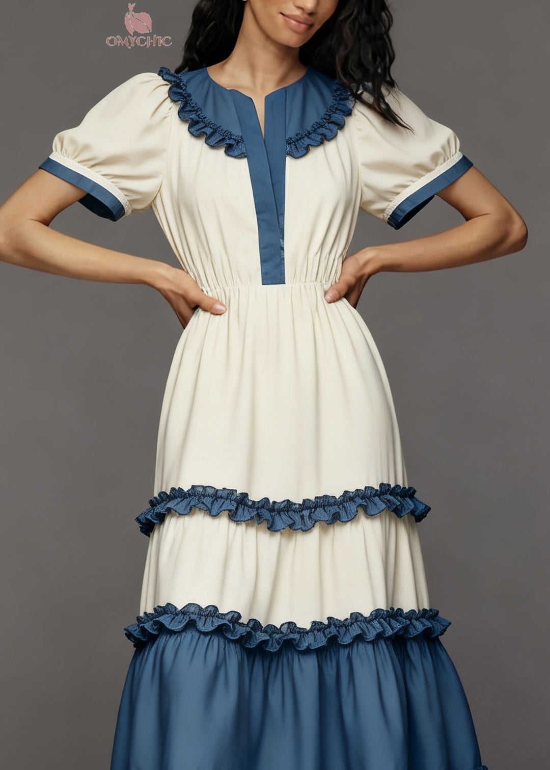 Women Colorblock Ruffled Patchwork Cotton Maxi Dress Summer