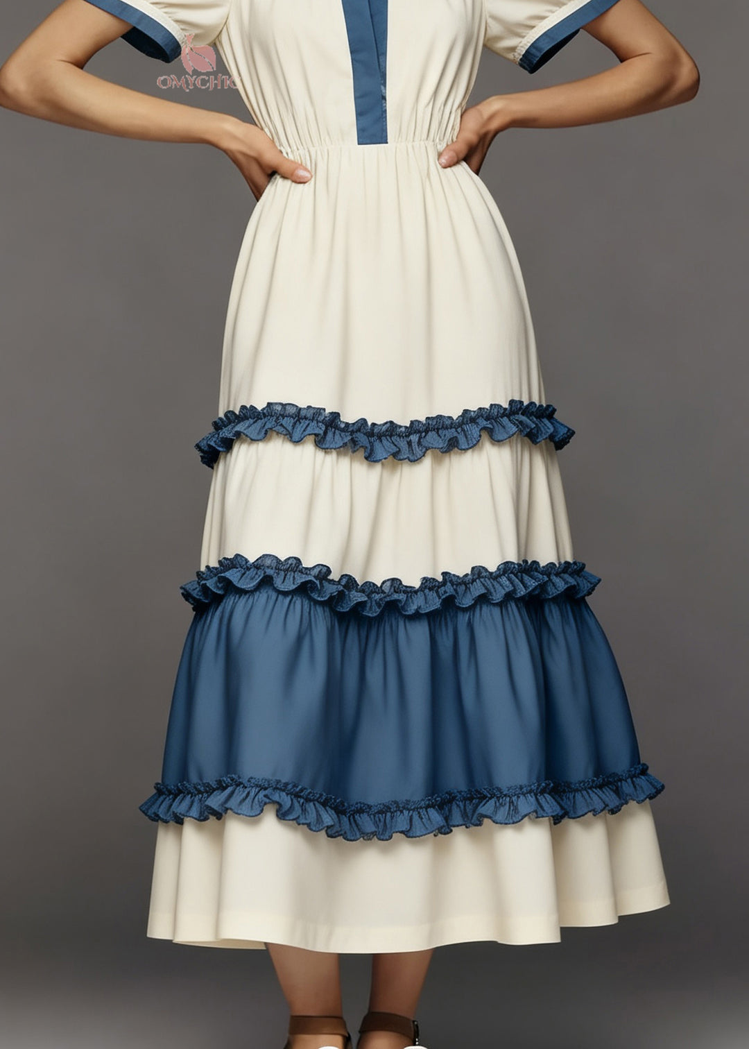 Women Colorblock Ruffled Patchwork Cotton Maxi Dress Summer
