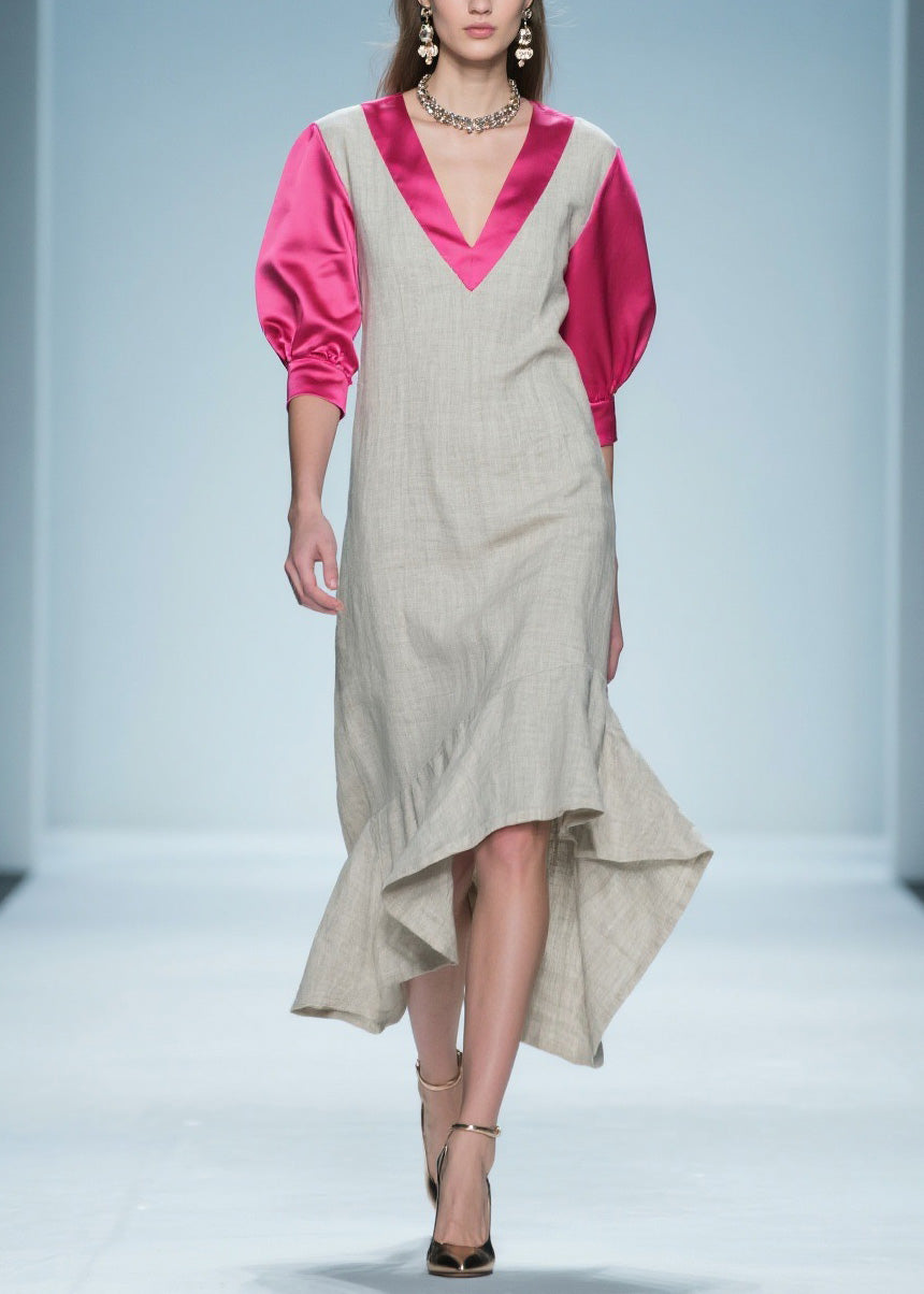 Women Colorblock Ruffled Patchwork Linen Silk Long Dress Summer