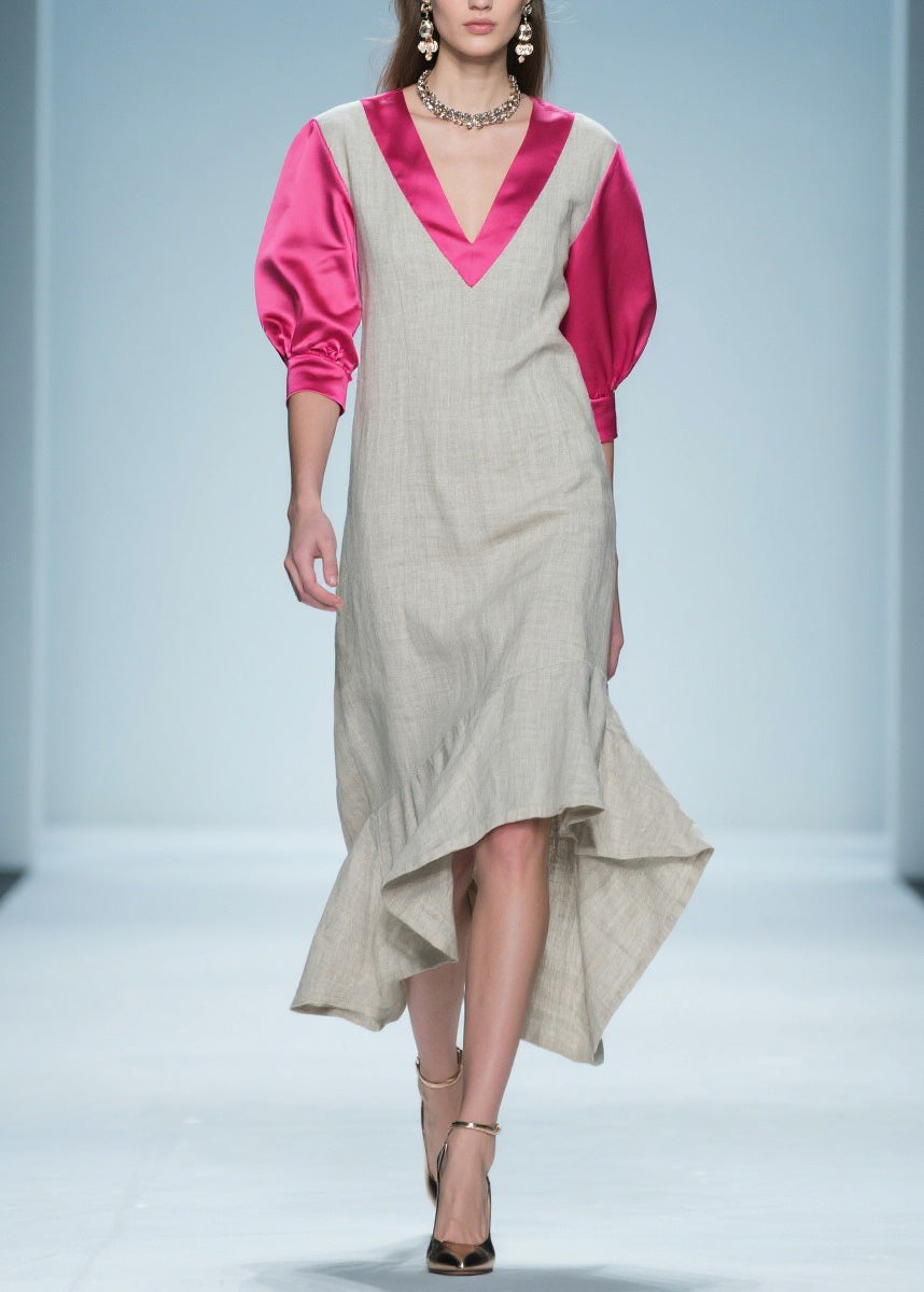 Women Colorblock Ruffled Patchwork Linen Silk Long Dress Summer